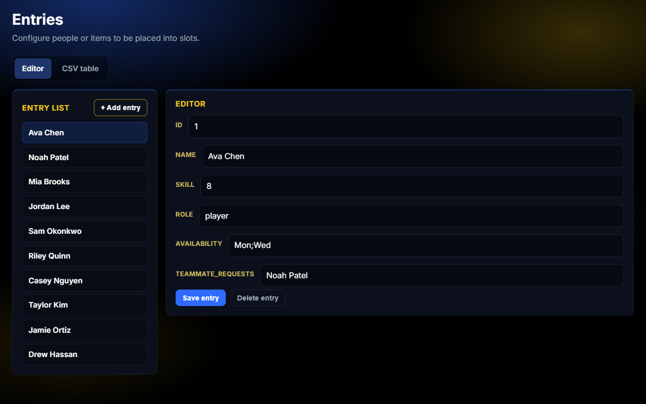 Entries setup with player list and editor fields