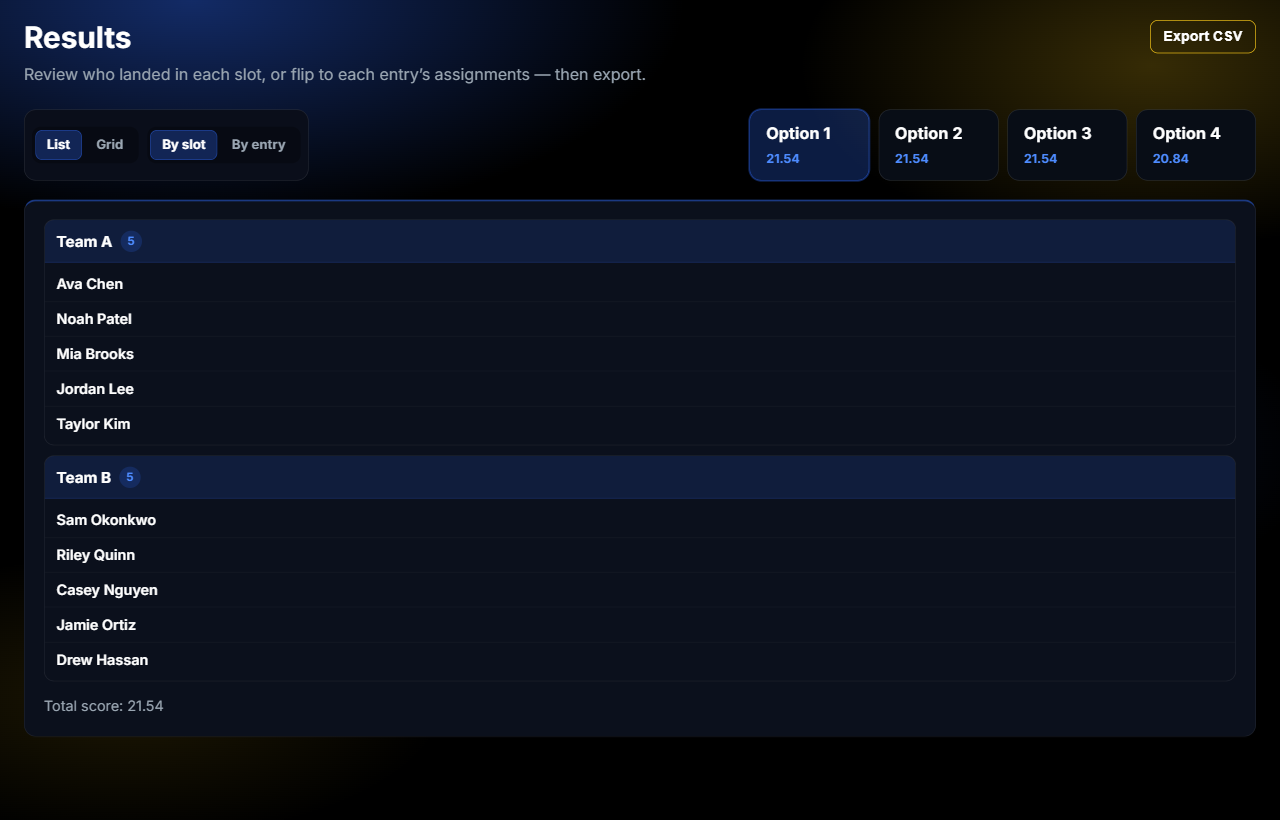 Results panel listing who landed in each team