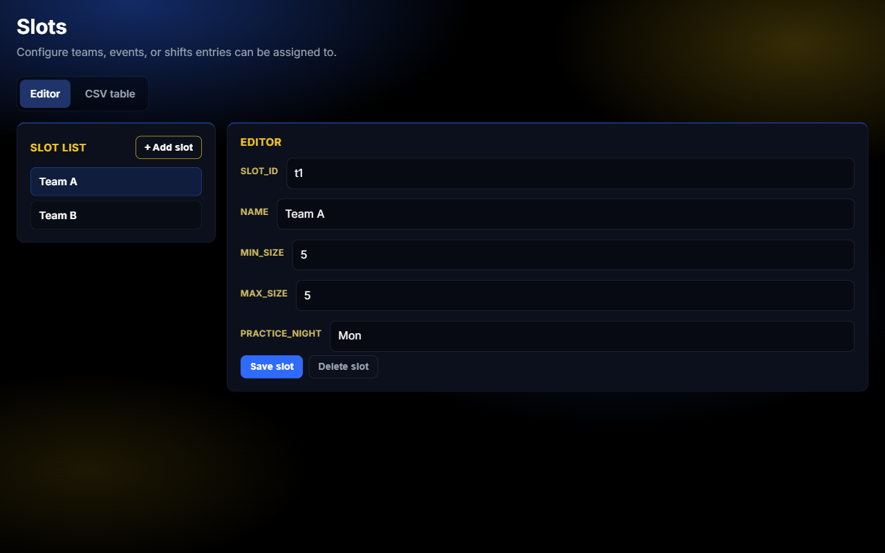 Slots editor showing Team A with min and max size and practice night