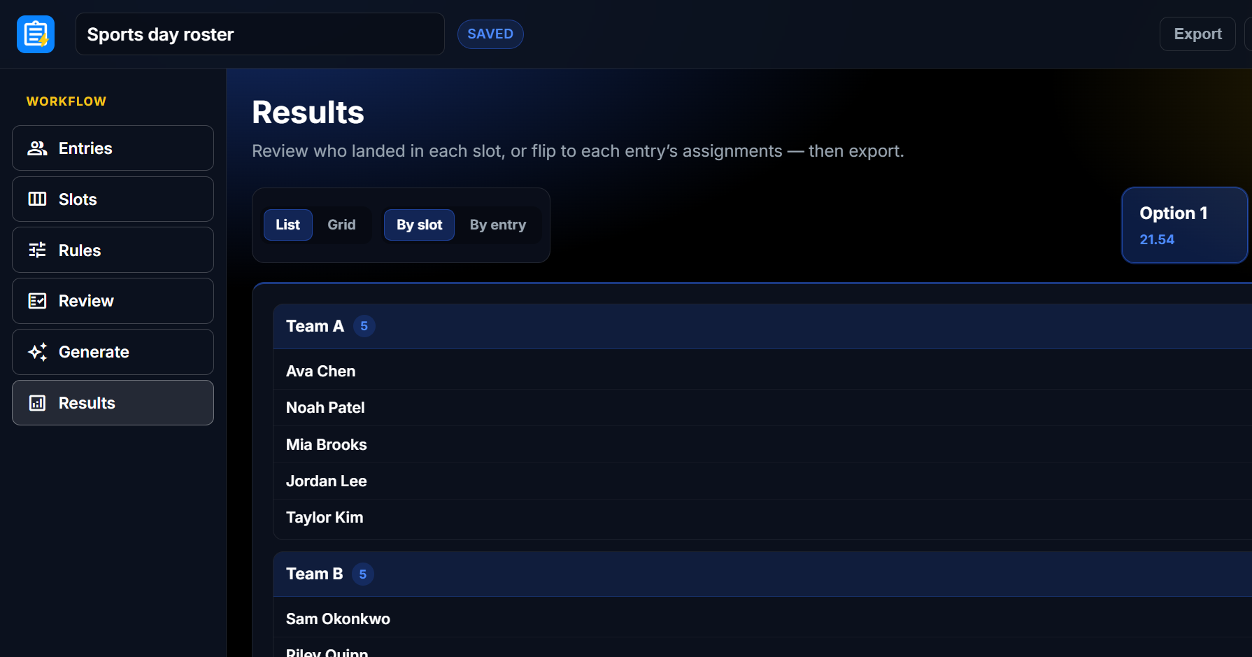 RapidRoster workspace showing results with Team A and Team B assignments from a sports roster